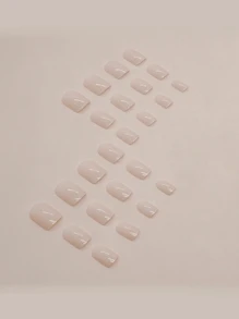 24片穩重素雅美甲貼片，淺裸色、純色，美甲產品，正方形假指甲，自然柔和，無需甲油，附1顆果凍膠和1個迷你指甲文件，即黏即用的美甲用品 - 藕粉色 - 查看 2