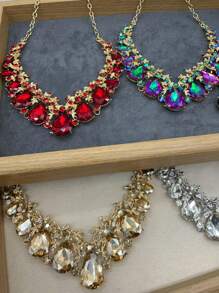 1 Conjunto De Colar E Brincos Geométricos Com Pedras De Strass Em Estilo Festa Court, Presente Fashion Para Namoradas E Ocasiões Especiais