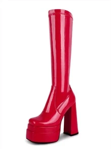 WETKISS Stacked Platform High Heel Knee High Boots For Women Chunky High Heeled PU Leather Boots Square Toe Side Zip Stretch Go-Go Boot - Đỏ - Xem 1