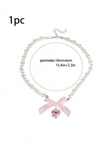 1pc Romantic Pink Heart Shaped Bow Necklace For Women, Sweet And Pure, Clavicle Chain Valentines - Pink - View 4