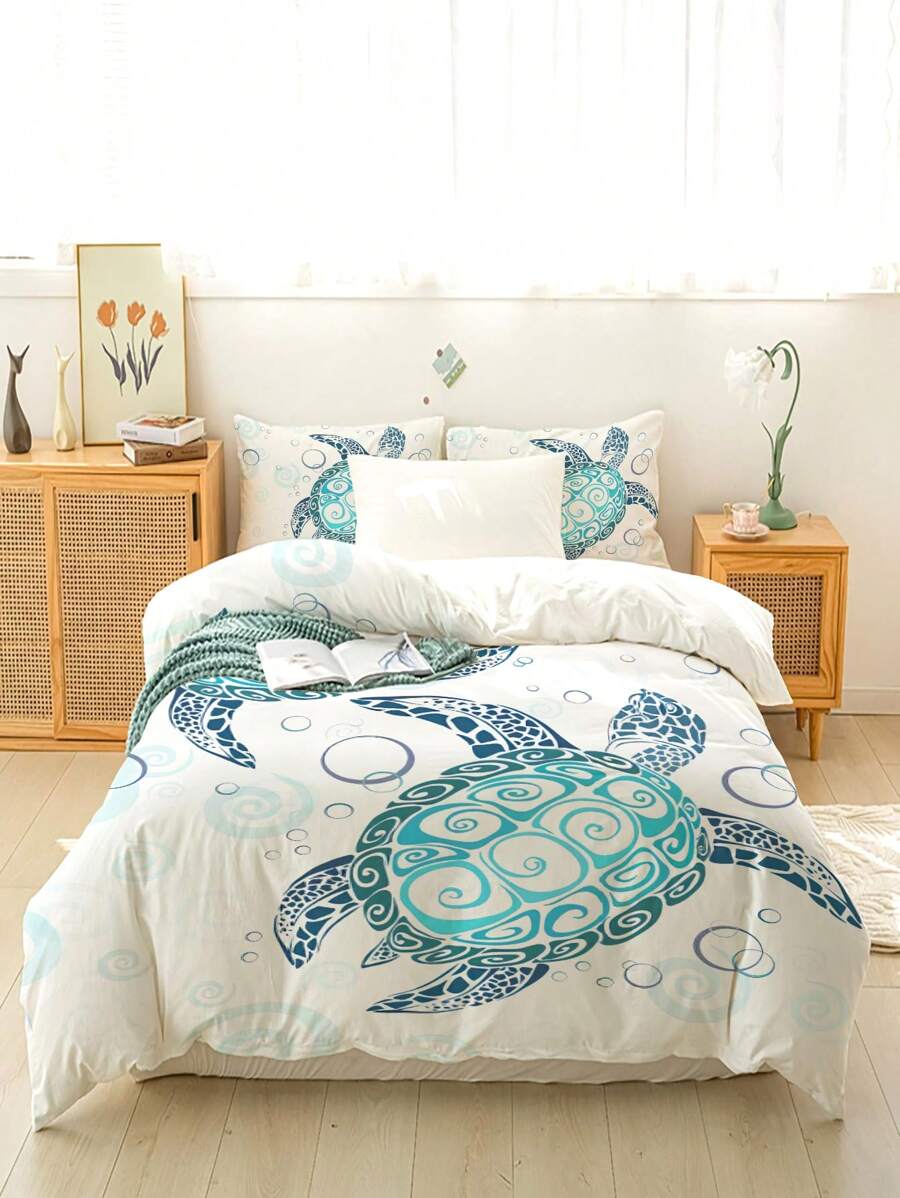 3件套海龟印花床上用品套装，柔软舒适的被套，适用于卧室、客房（1个被套+2个枕套，不含被芯）