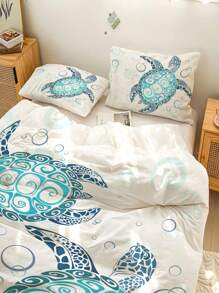 3件套海龟印花床上用品套装，柔软舒适的被套，适用于卧室、客房（1个被套+2个枕套，不含被芯）