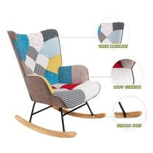 Rocking Chair, Mid Century Fabric Rocker Chair With Wood Legs And Patchwork Linen For Livingroom Bedroom - 彩色 - 查看 1