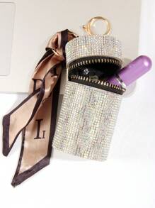 1pc Silver Rhinestone Decor Pu Fashion Lipstick Case Bag Pendant Multifunctional For Storing Coins Earphone And Lipstick Women'S Keychain Pendant Bag Accessories Gift Gift Accessories Decor For Teen Girls Women College Students Rookies & White-Collar Workers Key Chain Charms Car Accessories Women