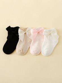 4pairs/Set Baby Girls' Mesh Socks With Small Bow For Spring And Summer
