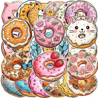 52 Pcs Unique Donut Pattern Stickers,Creative Assorted Funny Stickers,Cute Pretty Cool Aesthetics Cartoon Vinyl Stickers,Waterproof Stickers,For Water Bottle,Pad,Phone,Laptop,Scrapbook And Luggage,Stickers,Groovy Chick,Cute Stickers,Stickers,Cute Stickers,Water Bottle Stickers