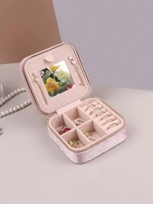 天鹅绒拉链珠宝盒，便携式旅行珠宝盒，重返校园 - 粉色 - 查看 3