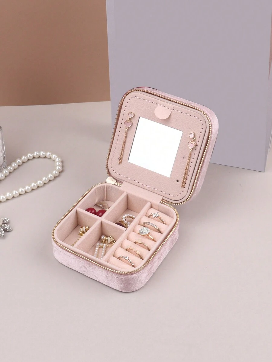 天鹅绒拉链珠宝盒，便携式旅行珠宝盒，重返校园 - 粉色 - 查看 1