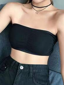 1pc Women's Twist Front Bandeau Bra With Ribbed Detailing, Strapless, Backless And Anti-Slip Design, Lingerie - Black - View 5