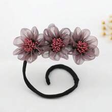 1pc Elegant & Stylish Mesh Hair Bun Maker With Three Flowers, Suitable For Daily Use Boho,Hair Accessories Bun Hair Piece Hair Styling Pins, School Stuff - Flowers - View 7