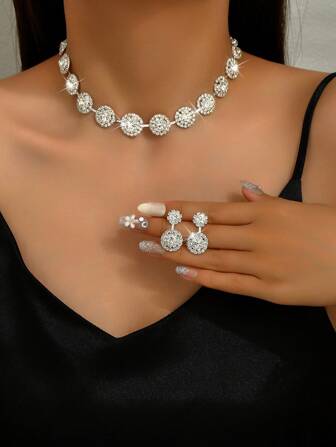 3pcs Women Jewelry Set - Fashionable Earrings & Necklace, Geometric Crystal Bridal Claw Chain, Party & Birthday Gift