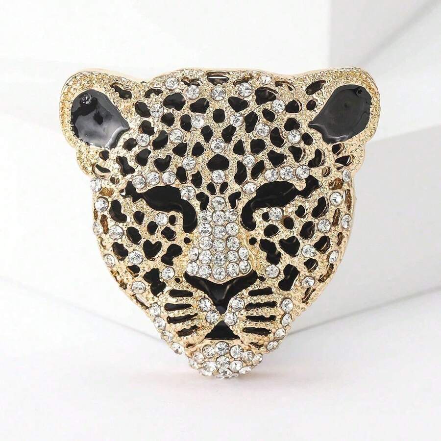 1pc Vintage Fashionable Rhinestone Leopard Head Shape Alloy Brooch, Multi-Purpose Animal Pin Badge - Apricot - View 1