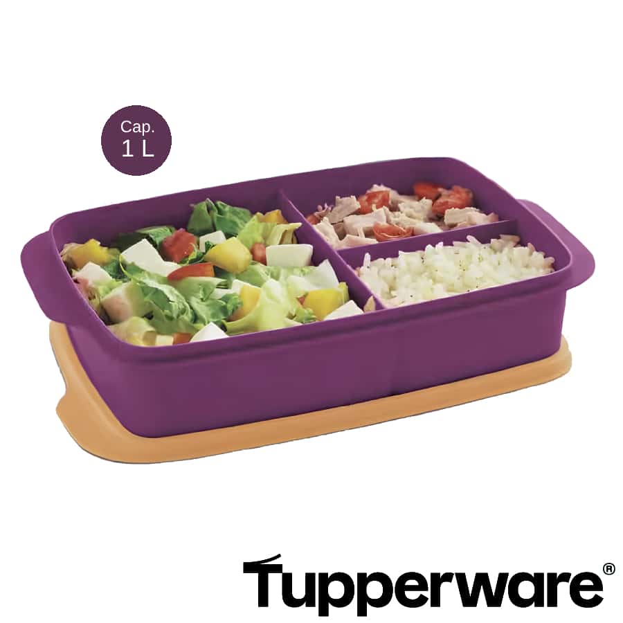 Eco Lunch Rectangular Con Divisiones 1L Tupperware - Morado con Naranja - Ver 1