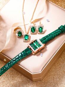 5件套女士手表套装，绿色PU皮表带休闲石英腕表，包含项链、耳环、戒指，方形全钻首饰套装，适合日常佩戴、感恩节、万圣节、圣诞节、生日派对、斋月及送礼。不含礼盒。 - 綠色 - 查看 5