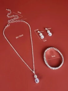 Conjunto de joyas de 4 piezas con diamantes de imitación para mujeres, que incluye collar, aretes y pulsera para bodas y fiestas - Plateado - Ver 6