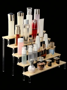 1pc Multi-Layer Wooden Ladder Shaped Jewelry Display Stand, Desktop Organizer For Lipsticks, Perfumes, Cosmetics Etc, Multi-Functional Collectible Storage Box & Dolls Display Rack - Clear - View 9