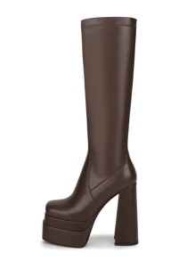WETKISS Stacked Platform Knee High Boots For Women With High Chunky Heel, Gogo Boots For Women With Square Toe Side Zipper Stretch Boot - Castano - Visualizzare 3