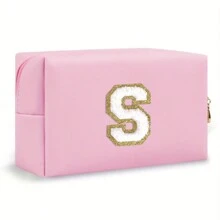Bolsa de maquillaje con parche de letra inicial, bolsa de cosméticos de chenilla con cremallera y estilo universitario, bolsa de aseo de viaje impermeable con monograma para mujeres y niñas (letras de A a Z) - Esenciales para la vuelta al cole, viajes, vacaciones, suministros escolares, neceser para maquillaje, bolsa organizadora - Rosa - Ver 22