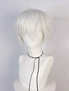 動漫短髮帶瀏海萬聖節銀白色頭套12英寸合成髮髮片,適用於女性和男性短髮直髮日常派對-需要自己造型和1pc假髮帽 - 銀色 - 查看 4