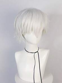 動漫短髮帶瀏海萬聖節銀白色頭套12英寸合成髮髮片,適用於女性和男性短髮直髮日常派對-需要自己造型和1pc假髮帽 - 銀色 - 查看 3