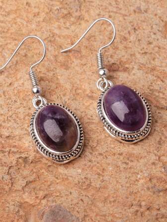 1 Pair Vintage Oval Amethyst Versatile Holiday Style Earrings, Multiple Colors Available (Natural Stone Texture May Vary)