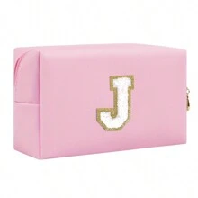 Bolsa de maquillaje con parche de letra inicial, bolsa de cosméticos de chenilla con cremallera y estilo universitario, bolsa de aseo de viaje impermeable con monograma para mujeres y niñas (letras de A a Z) - Esenciales para la vuelta al cole, viajes, vacaciones, suministros escolares, neceser para maquillaje, bolsa organizadora - Rosa - Ver 21