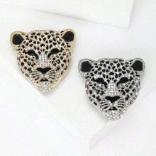 1pc Vintage Fashionable Rhinestone Leopard Head Shape Alloy Brooch, Multi-Purpose Animal Pin Badge - Apricot - View 6