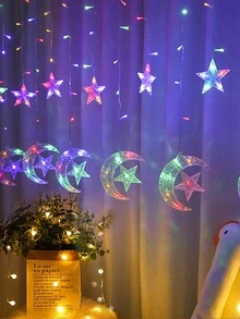 1 Bộ Của 6 cái Ngôi sao & 6 cái Mặt trăng Hình dạng 3.5M Ấm áp Ánh sáng 128LED Mặt trăng & Ngôi sao Rèm Nàng tiên Đèn Chuỗi  , Thích hợp Đối với Nhà  Ngày lễ Giáng sinh Lễ cưới Buổi tiệc Sân trong Bãi cỏ Đồ trang trí - Trong sáng - Xem 10