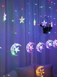 1 Bộ Của 6 cái Ngôi sao & 6 cái Mặt trăng Hình dạng 3.5M Ấm áp Ánh sáng 128LED Mặt trăng & Ngôi sao Rèm Nàng tiên Đèn Chuỗi  , Thích hợp Đối với Nhà  Ngày lễ Giáng sinh Lễ cưới Buổi tiệc Sân trong Bãi cỏ Đồ trang trí - Trong sáng - Xem 9