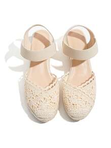 Women's Rubber Sole Wedge Sandals With Four Flower Embellishments And Linen Strap - Beige - View 6