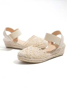 Women's Rubber Sole Wedge Sandals With Four Flower Embellishments And Linen Strap - Beige - View 4