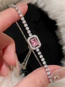 1 Pieza Pulsera Decorativa Ajustable Con Circonia Cúbica Cuadrada Minimalista De Moda Adecuada Para Uso Diario De Mujeres - pulsera cuadrada - Ver 6