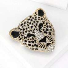 1pc Vintage Fashionable Rhinestone Leopard Head Shape Alloy Brooch, Multi-Purpose Animal Pin Badge - Apricot - View 2
