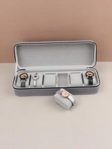 1 件灰色便攜式皮革拉鍊手錶盒可容納 6 隻手錶