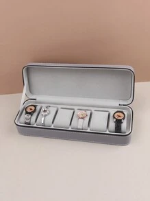1 件灰色便攜式皮革拉鍊手錶盒可容納 6 隻手錶