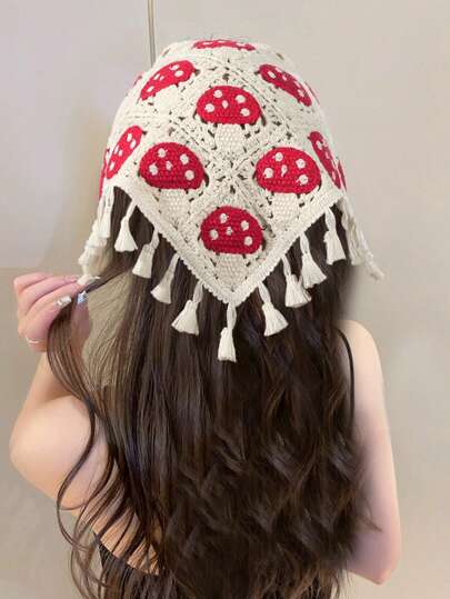 1 件针织蘑菇装饰流苏三角围巾头带波西米亚风，发饰头巾，头巾秋冬发带适合度假装女士