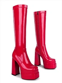 WETKISS Stacked Platform High Heel Knee High Boots For Women Chunky High Heeled PU Leather Boots Square Toe Side Zip Stretch Go-Go Boot - Đỏ - Xem 4