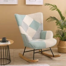 Rocking Chair, Mid Century Fabric Rocker Chair With Wood Legs And Patchwork Linen For Livingroom Bedroom - 綠色 - 查看 6