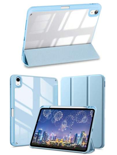 Transparent Silicone IPad Case, Tri-Fold Design With Pencil Slot, Clear Back Cover, Ultra-Thin Stand, Shock & Drop Proof - Ice Blue