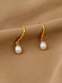 925純銀抗過敏掛鉤耳環,帶天然珍珠吊墜,時尚優雅風格,適合女性 - 白色 - 查看 2