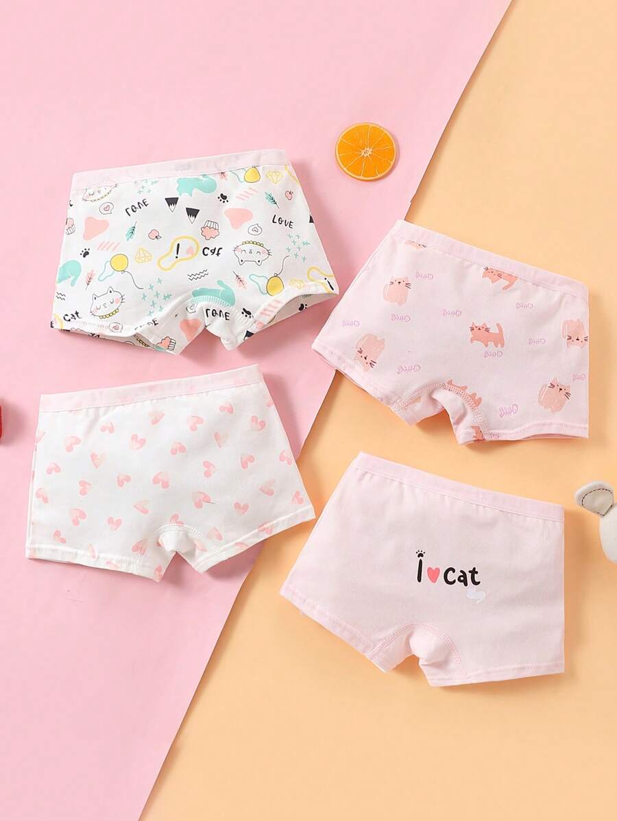 年輕女孩4入組甜美可愛卡通貓圖案印花短褲,適用於所有季節 - 查看 1