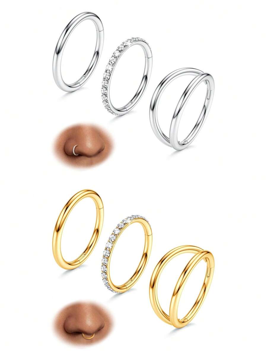 Acefun 3 chiếc khuyên mũi hình vòng - Khuyên mũi vòng đôi bằng thép không gỉ 316L 16G/18G/20G có bản lề CZ Conch Trang sức xỏ khuyên vách ngăn Clicker Nhẫn môi Bông tai sụn Helix Rook Tragus Daith 8mm - C - Xem 1