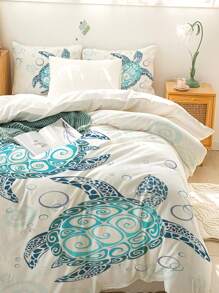 3件套海龟印花床上用品套装，柔软舒适的被套，适用于卧室、客房（1个被套+2个枕套，不含被芯）