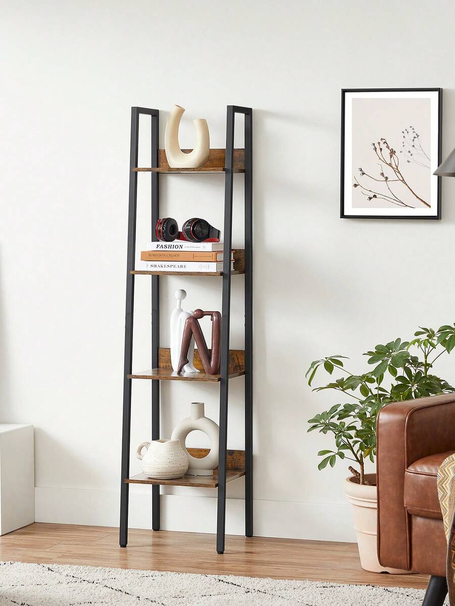 VASAGLE Ladder Shelf, 4-Tier Bookcase For Home Office, Free Standing Storage Shelves For Living Room, Kitchen, Steel Frame, Easy To Assemble, Industrial Rustic Brown And Black - Chocolate Brown - View 1