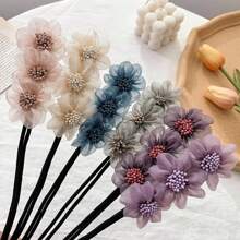 1pc Elegant & Stylish Mesh Hair Bun Maker With Three Flowers, Suitable For Daily Use Boho,Hair Accessories Bun Hair Piece Hair Styling Pins, School Stuff - Flowers - View 6