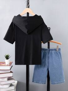 Tween Boy Cartoon Lightning & Star Pattern Sport Short Sleeve Hoodie And Denim Shorts - Black - View 2