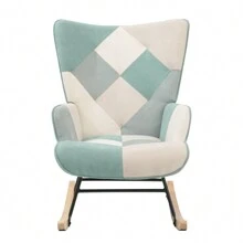 Rocking Chair, Mid Century Fabric Rocker Chair With Wood Legs And Patchwork Linen For Livingroom Bedroom - 綠色 - 查看 5