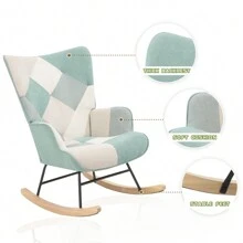 Rocking Chair, Mid Century Fabric Rocker Chair With Wood Legs And Patchwork Linen For Livingroom Bedroom - 綠色 - 查看 1