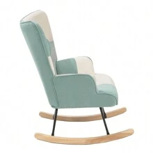 Rocking Chair, Mid Century Fabric Rocker Chair With Wood Legs And Patchwork Linen For Livingroom Bedroom - 綠色 - 查看 4
