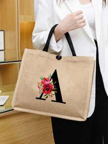 1 Miếng , Vàng Lanh Túi tote , Đỏ  Hoa hồng Hoa Mẫu chữ , Là A Tuyệt vời Qủa tặng Đối với phụ nữ , Mẹ , Giáo viên , Bạn , Và Đa chức năng Túi mua sắm , A Thiết kế mới , Dung lượng lớn , Và MỘT Lý tưởng Mua sắm - Màu Khaki - Xem 3